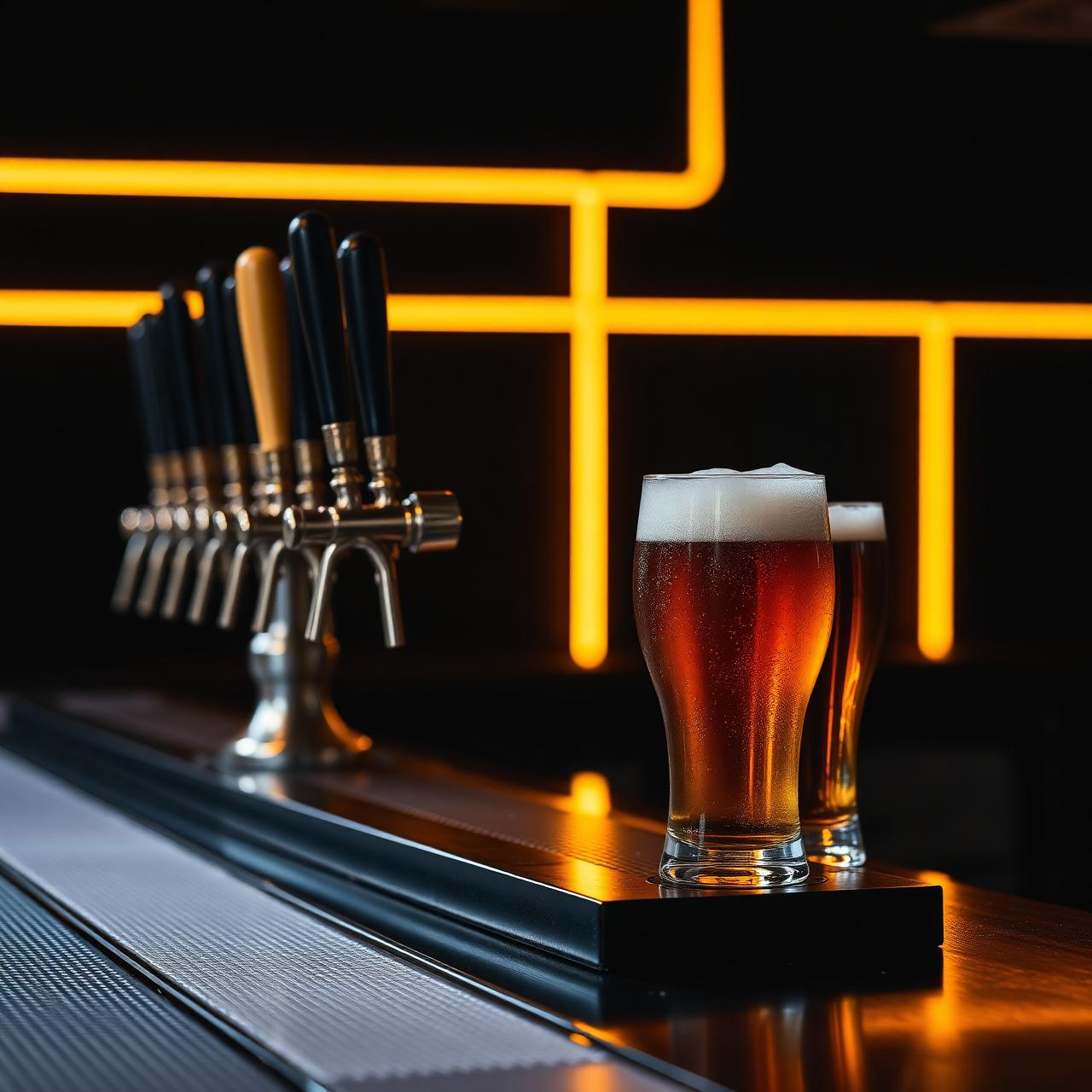 A row of beer tap handles with glasses of golden craft beer glowing under warm gold neon light at a dark bar